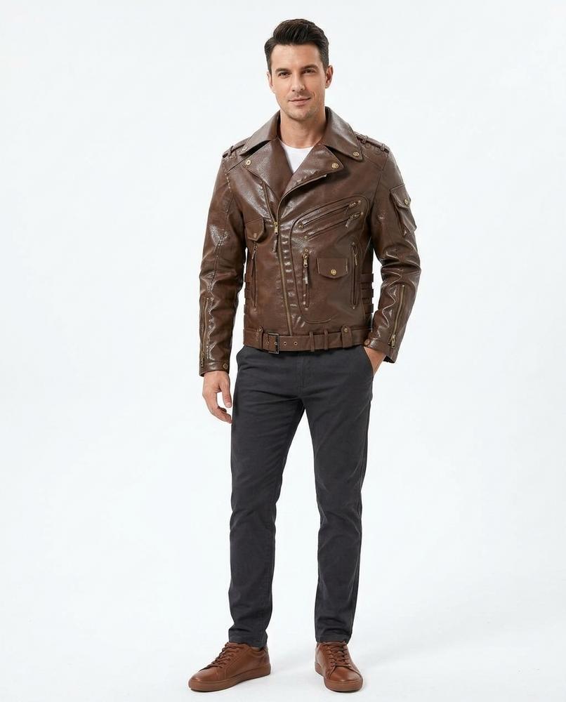 Talbos Closet - Cosel | Asymmetrical Multi-Pocket Leather Jacket Men