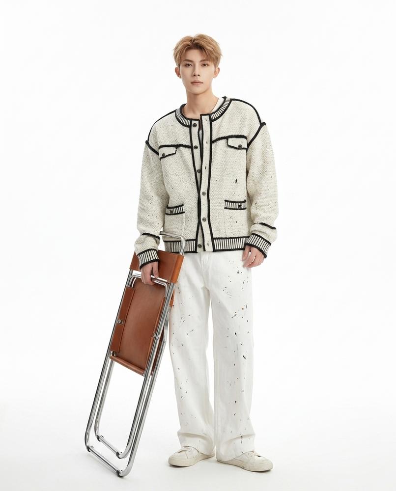 Talbos Closet - Arvan | Textured Contrast-Trim Knit Cardigan Men