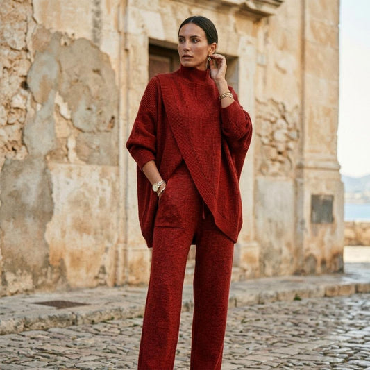 Theresa Mode Lotal Asymmetrisches Geripptes Hose und Pullover Set Damen