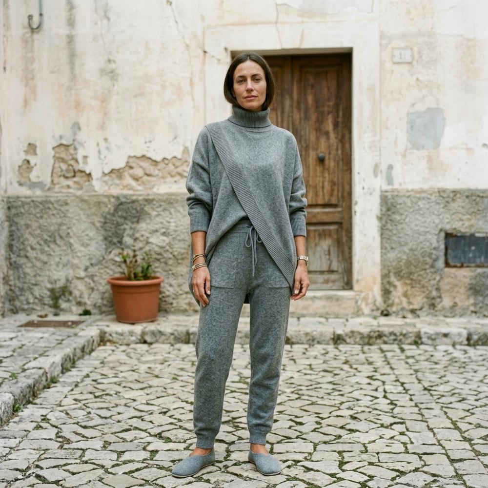 Theresa Mode Lotal Asymmetrisches Geripptes Hose und Pullover Set Damen - Grau