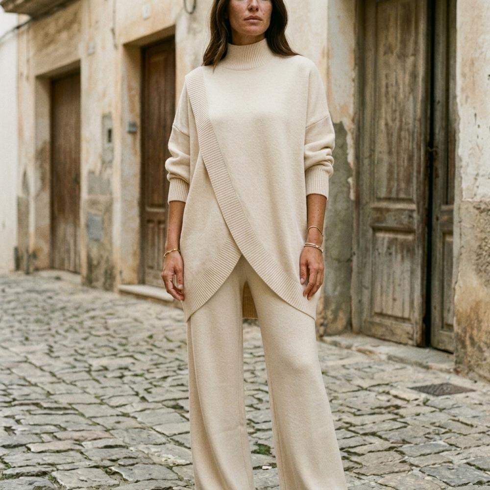 Theresa Mode Lotal Asymmetrisches Geripptes Hose und Pullover Set Damen - Schwarz