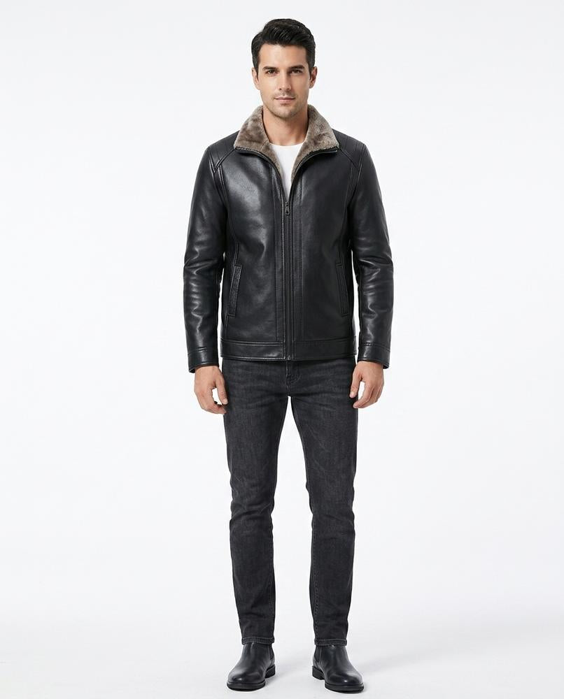 Talbos Closet - Zetir | Fur-Collar Zip-Up Leather Jacket Men