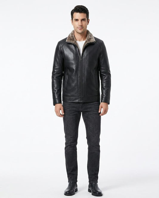 Talbos Closet - Zetir | Fur-Collar Zip-Up Leather Jacket Men