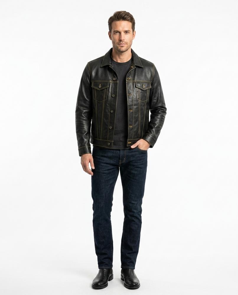 Talbos Closet - Nesol | Leather Contrast-Stitched Jacket Men