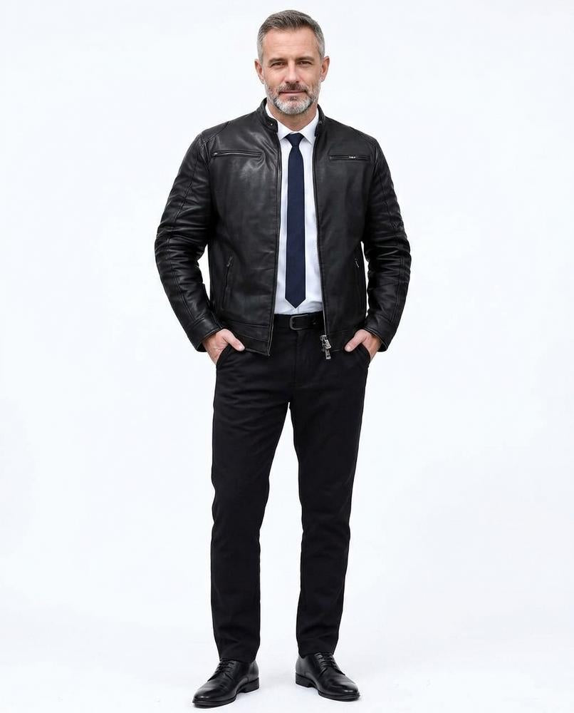 Talbos Closet - Rokar | Slim Fit Stand-Collar Leather Jacket Men