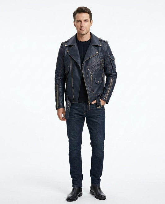 Talbos Closet - Cosel | Asymmetrical Multi-Pocket Leather Jacket Men