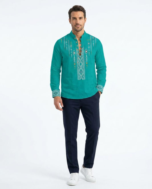 Talbos Closet - Ellar | Embroidered Mandarin Collar Shirt Men