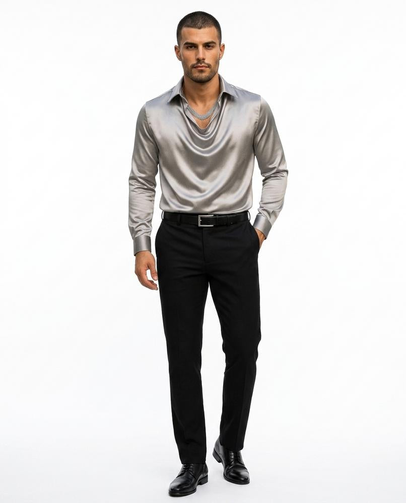 Talbos Closet - Riron | Cowl-Neck Satin-Finish Shirt Men